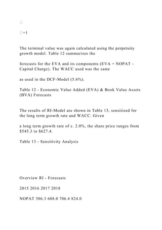 �
�=1
The terminal value was again calculated using the perpetuity
growth model. Table 12 summarizes the
forecasts for the EVA and its components (EVA = NOPAT -
Capital Charge). The WACC used was the same
as used in the DCF-Model (5.6%).
Table 12 - Economic Value Added (EVA) & Book Value Assets
(BVA) Forecasts
The results of RI-Model are shown in Table 13, sensitized for
the long term growth rate and WACC. Given
a long term growth rate of c. 2.0%, the share price ranges from
$545.3 to $627.4.
Table 13 - Sensitivity Analysis
Overview RI - Forecasts
2015 2016 2017 2018
NOPAT 506.3 608.0 706.4 824.0
 