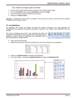 INITIATION A EXCEL 2007
COPYRIGHT Club POM Page 32
20.2. Insérer une image à partir d’un fichier
 Ouvrez votre document Word et cliquez à l’endroit où vous désirez insérer l’image
 Sous l'onglet Insertion, dans le groupe Illustrations, cliquez sur Image.
 La boîte de dialogue s’affiche, sélectionnez votre image
 Cliquez sur le bouton Insérer
Remarque : contrairement à Word 2007, les images ne sont pas liées au texte et peuvent être ainsi placées
n’importe où dans la feuille de calcul.
21. Les graphiques
Les graphiques sont utilisés pour afficher des séries de données numériques sous forme graphique afin
d’appréhender plus facilement d’importantes quantités de données et les relations entre différentes séries de
données.
Pour créer un graphique dans Excel, il faut commencer par entrer les
données dans une feuille de calcul et ensuite tracer ces données dans un
graphique : plusieurs formes de graphiques sont disponibles dans le
groupe Graphiques de l’onglet Insertion.
 Créez votre base de données
 Sélectionnez les cellules contenant les données que vous voulez utiliser pour votre graphique.
 Cliquez sur l’onglet Insertion et choisissez votre graphique
 Pour notre exemple : choisissez le graphique Colonne et cliquez sur Histogramme 2D
 