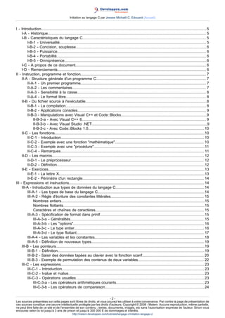 Initiation au langage C par Jessee Michaël C. Edouard (Accueil)


I - Introduction..............................................................................................................................................................5
     I-A - Historique....................................................................................................................................................... 5
     I-B - Caractéristiques du langage C...................................................................................................................... 5
          I-B-1 - Universalité............................................................................................................................................ 5
          I-B-2 - Concision, souplesse.............................................................................................................................6
          I-B-3 - Puissance.............................................................................................................................................. 6
          I-B-4 - Portabilité............................................................................................................................................... 6
          I-B-5 - Omniprésence........................................................................................................................................6
     I-C - A propos de ce document............................................................................................................................. 6
     I-D - Remerciements.............................................................................................................................................. 6
II - Instruction, programme et fonction........................................................................................................................ 7
     II-A - Structure générale d'un programme C......................................................................................................... 7
          II-A-1 - Un premier programme........................................................................................................................ 7
          II-A-2 - Les commentaires................................................................................................................................ 7
          II-A-3 - Sensibilité à la casse........................................................................................................................... 8
          II-A-4 - Le format libre...................................................................................................................................... 8
     II-B - Du fichier source à l'exécutable....................................................................................................................8
          II-B-1 - La compilation...................................................................................................................................... 8
          II-B-2 - Applications consoles........................................................................................................................... 9
          II-B-3 - Manipulations avec Visual C++ et Code::Blocks..................................................................................9
               II-B-3-a - Avec Visual C++ 6....................................................................................................................... 9
               II-B-3-b - Avec Visual Studio .NET..............................................................................................................9
               II-B-3-c - Avec Code::Blocks 1.0............................................................................................................... 10
     II-C - Les fonctions...............................................................................................................................................10
          II-C-1 - Introduction......................................................................................................................................... 10
          II-C-2 - Exemple avec une fonction "mathématique"..................................................................................... 10
          II-C-3 - Exemple avec une "procédure"..........................................................................................................11
          II-C-4 - Remarques......................................................................................................................................... 11
     II-D - Les macros................................................................................................................................................. 12
          II-D-1 - Le préprocesseur............................................................................................................................... 12
          II-D-2 - Définition.............................................................................................................................................12
     II-E - Exercices..................................................................................................................................................... 13
          II-E-1 - La lettre X...........................................................................................................................................13
          II-E-2 - Périmètre d'un rectangle.................................................................................................................... 14
III - Expressions et instructions................................................................................................................................. 14
     III-A - Introduction aux types de données du langage C.....................................................................................14
          III-A-1 - Les types de base du langage C......................................................................................................14
          III-A-2 - Règle d'écriture des constantes littérales......................................................................................... 15
               Nombres entiers.........................................................................................................................................15
               Nombres flottants.......................................................................................................................................15
               Caractères et chaînes de caractères........................................................................................................ 15
          III-A-3 - Spécification de format dans printf....................................................................................................15
               III-A-3-a - Généralités................................................................................................................................ 15
               III-A-3-b - Les "options"............................................................................................................................. 16
               III-A-3-c - Le type entier............................................................................................................................ 16
               III-A-3-d - Le type flottant.......................................................................................................................... 17
          III-A-4 - Les variables et les constantes.........................................................................................................18
          III-A-5 - Définition de nouveaux types............................................................................................................ 19
     III-B - Les pointeurs..............................................................................................................................................19
          III-B-1 - Définition............................................................................................................................................ 19
          III-B-2 - Saisir des données tapées au clavier avec la fonction scanf........................................................... 20
          III-B-3 - Exemple de permutation des contenus de deux variables............................................................... 22
     III-C - Les expressions......................................................................................................................................... 23
          III-C-1 - Introduction........................................................................................................................................ 23
          III-C-2 - lvalue et rvalue.................................................................................................................................. 23
          III-C-3 - Opérations usuelles...........................................................................................................................23
               III-C-3-a - Les opérateurs arithmétiques courants.................................................................................... 23
               III-C-3-b - Les opérateurs de comparaison............................................................................................... 24

                                                                         -2-
Les sources présentées sur cette pages sont libres de droits, et vous pouvez les utiliser à votre convenance. Par contre la page de présentation de
ces sources constitue une oeuvre intellectuelle protégée par les droits d'auteurs. Copyright © 2008 - Melem. Aucune reproduction, même partielle,
ne peut être faite de ce site et de l'ensemble de son contenu : textes, documents, images, etc sans l'autorisation expresse de l'auteur. Sinon vous
encourez selon la loi jusqu'à 3 ans de prison et jusqu'à 300 000 E de dommages et intérêts.
                                                  http://melem.developpez.com/tutoriels/langage-c/initiation-langage-c/
 