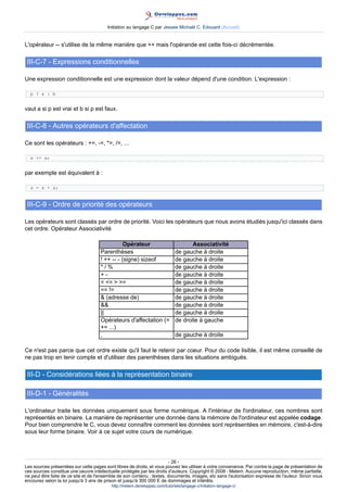 Initiation au langage C par Jessee Michaël C. Edouard (Accueil)


L'opérateur -- s'utilise de la même manière que ++ mais l'opérande est cette fois-ci décrémentée.

 III-C-7 - Expressions conditionnelles

Une expression conditionnelle est une expression dont la valeur dépend d'une condition. L'expression :

  p ? a : b


vaut a si p est vrai et b si p est faux.

 III-C-8 - Autres opérateurs d'affectation

Ce sont les opérateurs : +=, -=, *=, /=, ...

  x += a;


par exemple est équivalent à :

  x = x + a;


 III-C-9 - Ordre de priorité des opérateurs

Les opérateurs sont classés par ordre de priorité. Voici les opérateurs que nous avons étudiés jusqu'ici classés dans
cet ordre. Opérateur Associativité

                                                Opérateur                           Associativité
                                     Parenthèses                             de gauche à droite
                                     ! ++ -- - (signe) sizeof                de gauche à droite
                                     */%                                     de gauche à droite
                                     +-                                      de gauche à droite
                                      =  =                               de gauche à droite
                                     == !=                                   de gauche à droite
                                      (adresse de)                          de gauche à droite
                                                                           de gauche à droite
                                     ||                                      de gauche à droite
                                     Opérateurs d'affectation (=             de droite à gauche
                                     += ...)
                                     ,                                       de gauche à droite

Ce n'est pas parce que cet ordre existe qu'il faut le retenir par coeur. Pour du code lisible, il est même conseillé de
ne pas trop en tenir compte et d'utiliser des parenthèses dans les situations ambiguës.

 III-D - Considérations liées à la représentation binaire

 III-D-1 - Généralités

L'ordinateur traite les données uniquement sous forme numérique. A l'intérieur de l'ordinateur, ces nombres sont
représentés en binaire. La manière de représenter une donnée dans la mémoire de l'ordinateur est appelée codage.
Pour bien comprendre le C, vous devez connaître comment les données sont représentées en mémoire, c'est-à-dire
sous leur forme binaire. Voir à ce sujet votre cours de numérique.




                                                                        - 26 -
Les sources présentées sur cette pages sont libres de droits, et vous pouvez les utiliser à votre convenance. Par contre la page de présentation de
ces sources constitue une oeuvre intellectuelle protégée par les droits d'auteurs. Copyright © 2008 - Melem. Aucune reproduction, même partielle,
ne peut être faite de ce site et de l'ensemble de son contenu : textes, documents, images, etc sans l'autorisation expresse de l'auteur. Sinon vous
encourez selon la loi jusqu'à 3 ans de prison et jusqu'à 300 000 E de dommages et intérêts.
                                          http://melem.developpez.com/tutoriels/langage-c/initiation-langage-c/
 