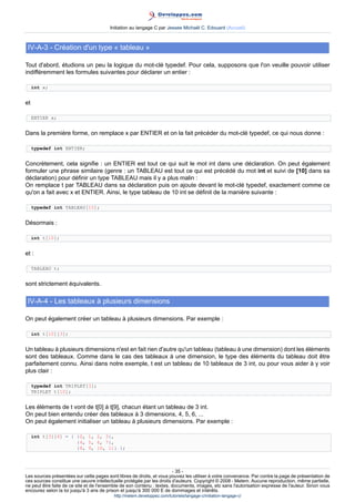 Initiation au langage C par Jessee Michaël C. Edouard (Accueil)



 IV-A-3 - Création d'un type « tableau »

Tout d'abord, étudions un peu la logique du mot-clé typedef. Pour cela, supposons que l'on veuille pouvoir utiliser
indifféremment les formules suivantes pour déclarer un entier :

     int x;


et

     ENTIER x;


Dans la première forme, on remplace x par ENTIER et on la fait précéder du mot-clé typedef, ce qui nous donne :

     typedef int ENTIER;


Concrètement, cela signifie : un ENTIER est tout ce qui suit le mot int dans une déclaration. On peut également
formuler une phrase similaire (genre : un TABLEAU est tout ce qui est précédé du mot int et suivi de [10] dans sa
déclaration) pour définir un type TABLEAU mais il y a plus malin :
On remplace t par TABLEAU dans sa déclaration puis on ajoute devant le mot-clé typedef, exactement comme ce
qu'on a fait avec x et ENTIER. Ainsi, le type tableau de 10 int se définit de la manière suivante :

     typedef int TABLEAU[10];


Désormais :

     int t[10];


et :

     TABLEAU t;


sont strictement équivalents.

 IV-A-4 - Les tableaux à plusieurs dimensions

On peut également créer un tableau à plusieurs dimensions. Par exemple :

     int t[10][3];


Un tableau à plusieurs dimensions n'est en fait rien d'autre qu'un tableau (tableau à une dimension) dont les éléments
sont des tableaux. Comme dans le cas des tableaux à une dimension, le type des éléments du tableau doit être
parfaitement connu. Ainsi dans notre exemple, t est un tableau de 10 tableaux de 3 int, ou pour vous aider à y voir
plus clair :

     typedef int TRIPLET[3];
     TRIPLET t[10];


Les éléments de t vont de t[0] à t[9], chacun étant un tableau de 3 int.
On peut bien entendu créer des tableaux à 3 dimensions, 4, 5, 6, ...
On peut également initialiser un tableau à plusieurs dimensions. Par exemple :

     int t[3][4] = { {0, 1, 2, 3},
                     {4, 5, 6, 7},
                     {8, 9, 10, 11} };



                                                                        - 35 -
Les sources présentées sur cette pages sont libres de droits, et vous pouvez les utiliser à votre convenance. Par contre la page de présentation de
ces sources constitue une oeuvre intellectuelle protégée par les droits d'auteurs. Copyright © 2008 - Melem. Aucune reproduction, même partielle,
ne peut être faite de ce site et de l'ensemble de son contenu : textes, documents, images, etc sans l'autorisation expresse de l'auteur. Sinon vous
encourez selon la loi jusqu'à 3 ans de prison et jusqu'à 300 000 E de dommages et intérêts.
                                          http://melem.developpez.com/tutoriels/langage-c/initiation-langage-c/
 