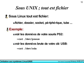 Sous UNIX ; tout est fichier Sous Linux tout est fichier: fichier, dossier, socket, périphérique, tube ... Exemple:  voir les données de votre souris PS2: cat /dev/psaux voir les données brute de votre clé USB: cat /dev/sda 