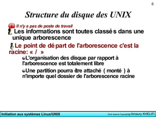 Structure du disque des UNIX Il n'y a pas de poste de travail Les informations sont toutes classés dans une unique arborescence Le point de départ de l'arborescence c'est la racine: « / » L'organisation des disque par rapport à l'arborescence est totalement libre  Une partition pourra être attaché ( monté ) à n'importe quel dossier de l'arborescence racine 