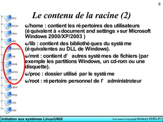 Le contenu de la racine (2) /home : contient les répertoires des utilisateurs (équivalent à « document and settings » sur Microsoft Windows 2000/XP/2003 ) /lib : contient des bibliothèques du système (équivalentes au DLL de Windows).  /mnt : contient d’autres systèmes de fichiers (par exemple les partitions Windows, un cd-rom ou une disquette).  /proc : dossier utilisé par le système /root : répertoire personnel de l’administrateur 