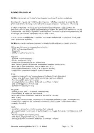 ELEMENTS DE CORRIGE MP


MP.1 Définir (dans le contexte d’une entreprise): contingent, gestion budgétaire

Contingent = imposé par l’extérieur. Contingence = effet du hasard de la rencontre de
plusieurs événements indépendants (variables explicatives que l’on ne peut influencer).

Gestion budgétaire = technique d’administration des entreprises s’appuyant sur des
prévisions, dont on déduit après accord des responsables des attributions de moyens sur une
durée limitée. Une analyse régulière des écarts entre prévisions et réalisations permet ensuite
le pilotage des activités. Le budget est un cadre incitatif.

La « planification budgétaire » consiste à traduire en budgets une planification stratégique
avec système de reporting.

MP.2 Déterminer les parties prenantes d’un hôpital public et leurs principales attentes.

Même question pour les organisations suivantes :
- SNCF (entreprise publique) ;
- Peugeot ;
- MAIF (mutuelle d’assurance).

Hôpital :
- patients (qualité des soins) ;
- CNAM (baisse des coûts)
- collectivité locale (service aux administrés)
- état (aménagement du territoire, maîtrise des budgets, optimisation)
- employés (salaire, conditions de travail et satisfaction)
- fournisseurs – pharmacie, autres (CA, paiement régulier)
- associations de patients (qualité, proximité des soins)

SNCF :
- usagers et associations d’usagers (proximité, régularité, prix du service)
- réseau ferré de France (optimisation des lignes, paiement adapté)
- fournisseurs (CA, paiement régulier)
- employés (salaire, conditions de travail, sécurité de l’emploi)
- état (aménagement du territoire)
- collectivités locales (service)

Peugeot :
- clients (qualité, prix, SAV, relation commerciale)
- fournisseurs (CA, régularité de l’activité)
- employés (salaire, conditions de travail, sécurité de l’emploi)
- état (taxes)
- collectivité locale (emploi, dynamisation économique, préservation de l’environnement)
- associations de protection de l’environnement (activité propre, baisse des émissions,
nouvelles énergies)

MAIF :
- sociétaires (protection, relation assureur, tarif mesuré)
- professionnels de l’automobile et autres (agrément, marge de manœuvre réparations, tarifs
élevés)
- fournisseurs (CA, paiement régulier)
- état (taxes, engagement pour la sécurité)
- employés (salaire, conditions de travail, sécurité de l’emploi)



Initiation au management © CRCF – J. Sornet                           Page : 21 / 48
 