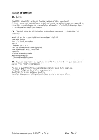 ELEMENTS DE CORRIGE OP

OP.1 Définir :

Flexibilité = adaptation au besoin (horaire variable, chaînes robotisées).
Système = ensemble organisé dans un but, boîte noire (sanguin, nerveux, métrique, « D »).
Impartition = sous-traitance ou externalisation (séparation) d’activités, faire appel à des
partenaires plutôt que faire soi-même.

OP.2 Citer huit exemples d’informations essentielles pour orienter l’optimisation d’un
processus.

Montant des stocks (approvisionnements et produits finis).
Temps d’attente.
Taux d’activité des ateliers.
Rebuts.
Délai de production.
Taux de réclamations clients (qualité).
Temps passés en retouches finales.
Turn over.
Nombre d’arrêts maladie.
Accidents du travail.
Durée des arrêts machines.

OP.3 Dégager les principes du toyotisme présenté dans la fiche 3.1. En quoi ce système
repose t’il sur l’approche processus ?

Produire la quantité juste nécessaire (à la demande), donc éviter les stocks.
Flexibilité, intelligence des chaînes de production.
Qualité (éviter le coût de la non-qualité).
La notion de processus est implicite, ainsi que la chaîne de valeur client.




Initiation au management © CRCF – J. Sornet                         Page : 29 / 48
 