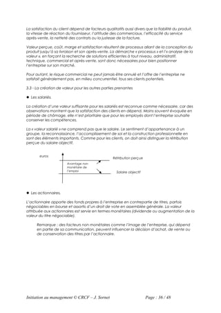 La satisfaction du client dépend de facteurs qualitatifs aussi divers que la fiabilité du produit,
la vitesse de réaction du fournisseur, l’attitude des commerciaux, l’efficacité du service
après-vente, la netteté des contrats ou la justesse de la facture.

Valeur perçue, coût, marge et satisfaction résultent de processus allant de la conception du
produit jusqu’à sa livraison et son après-vente. La démarche « processus » et l’« analyse de la
valeur », en forçant la recherche de solutions efficientes à tout niveau, administratif,
technique, commercial et après-vente, sont donc nécessaires pour bien positionner
l’entreprise sur son marché.

Pour autant, le risque commercial ne peut jamais être annulé et l’offre de l’entreprise ne
satisfait généralement pas, en milieu concurrentiel, tous ses clients potentiels.

3.3 - La création de valeur pour les autres parties prenantes

 Les salariés.

La création d’une valeur suffisante pour les salariés est reconnue comme nécessaire, car des
observations montrent que la satisfaction des clients en dépend. Moins souvent évoquée en
période de chômage, elle n’est prioritaire que pour les employés dont l’entreprise souhaite
conserver les compétences.

La « valeur salarié » ne comprend pas que le salaire. Le sentiment d’appartenance à un
groupe, la reconnaissance, l’accomplissement de soi et la construction professionnelle en
sont des éléments importants. Comme pour les clients, on doit ainsi distinguer la rétribution
perçue du salaire objectif.


       euros
                                                   Rétribution perçue
                        Avantage non
                        monétaire de
                        l’emploi                     Salaire objectif




 Les actionnaires.

L’actionnaire apporte des fonds propres à l’entreprise en contrepartie de titres, parfois
négociables en bourse et assortis d’un droit de vote en assemblée générale. La valeur
attribuée aux actionnaires est servie en termes monétaires (dividende ou augmentation de la
valeur du titre négociable).

      Remarque : des facteurs non monétaires comme l’image de l’entreprise, qui dépend
      en partie de sa communication, peuvent influencer la décision d’achat, de vente ou
      de conservation des titres par l’actionnaire.




Initiation au management © CRCF – J. Sornet                             Page : 36 / 48
 