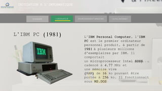 INITIATION A L’INFORMATIQUE
Session(janvier-
mars)
SOMMAIRE ENVIRONNEMENT WINDOWS OUTILS INTERNETL’ORDINATEUR
L’IBM PC (1981) L’IBM Personal Computer, l’IBM
PC est le premier ordinateur
personnel produit, à partir de
1981 à plusieurs millions
d'exemplaires par IBM. Il
comportait
un microprocesseur Intel 8088
cadencé à 4,77 MHz et
une mémoire vive
(RAM) de 16 ko pouvant être
portée à 256 ko. Il fonctionnait
sous MS.DOS
 