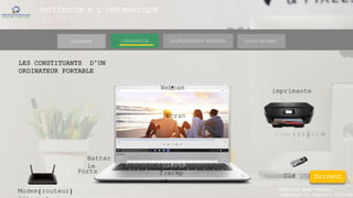 INITIATION A L’INFORMATIQUE
Session(janvier-
mars)
SOMMAIRE ENVIRONNEMENT WINDOWS OUTILS INTERNETL’ORDINATEUR
MANAKAKA MANY PHARES
Ingénieur en Travaux Informat
LES CONSTITUANTS D’UN
ORDINATEUR PORTABLE
Modem(routeur)
Clé USB
imprimante
Clavie
r
Webcam
Ecran
Trackp
ad
Ports
Batter
ie
Suivant
 