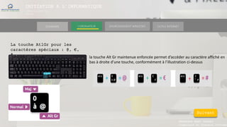 INITIATION A L’INFORMATIQUE
Session(janvier-
mars)
SOMMAIRE ENVIRONNEMENT WINDOWS OUTILS INTERNETL’ORDINATEUR
MANAKAKA MANY PHARES
Ingénieur en Travaux Informat
La touche AtlGr pour les
caractères spéciaux : @, €,
#…
la touche Alt Gr maintenue enfoncée permet d’accéder au caractère affiché en
bas à droite d’une touche, conformément à l’illustration ci-dessus
Suivant
 