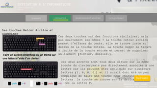 INITIATION A L’INFORMATIQUE
Session(janvier-
mars)
SOMMAIRE ENVIRONNEMENT WINDOWS OUTILS INTERNETL’ORDINATEUR
MANAKAKA MANY PHARES
Ingénieur en Travaux Informat
Les touches Retour Arrière et
Supprimer
Ces deux touches ont des fonctions similaires, mais
pas exactement les mêmes ! La touche retour arrière
permet d’effacer du texte, elle se trouve juste au
dessus de la touche Entrée. La touche Suppr se trouve
à droite de la touche entrée et permet de supprimer
un élément (fichier, dossier…).
Ces deux accents sont tous deux situés sur la même
touche du clavier,mais pas directement associés à une
lettre car ils peuvent être appliqués sur plusieurs
lettres (ï, ë, ê, û…) et il aurait donc été un peu
compliqué de faire une touche pour chacune de ces
lettres. La touche se trouve sur la droite juste
après la lettre P.
Faire un accent circonflexe ou un tréma sur
une lettre à l’aide d’un clavier
Suivant
 