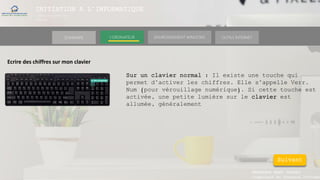 INITIATION A L’INFORMATIQUE
Session(janvier-
mars)
SOMMAIRE ENVIRONNEMENT WINDOWS OUTILS INTERNETL’ORDINATEUR
MANAKAKA MANY PHARES
Ingénieur en Travaux Informat
Ecrire des chiffres sur mon clavier
Sur un clavier normal : Il existe une touche qui
permet d’activer les chiffres. Elle s’appelle Verr.
Num (pour vérouillage numérique). Si cette touche est
activée, une petite lumière sur le clavier est
allumée, généralement
Suivant
 