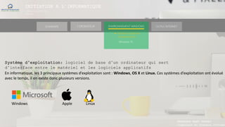 INITIATION A L’INFORMATIQUE
Session(janvier-
mars)
SOMMAIRE ENVIRONNEMENT WINDOWS OUTILS INTERNETL’ORDINATEUR
MANAKAKA MANY PHARES
Ingénieur en Travaux Informat
► Software (Systèmes
d’exploitations)
Windows 10
Système d’exploitation: logiciel de base d’un ordinateur qui sert
d’interface entre le matériel et les logiciels applicatifs
En informatique, les 3 principaux systèmes d’exploitation sont : Windows, OS X et Linux. Ces systèmes d’exploitation ont évolué
avec le temps, il en existe donc plusieurs versions.
Windows Apple Linux
 
