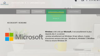 INITIATION A L’INFORMATIQUE
Session(janvier-
mars)
SOMMAIRE ENVIRONNEMENT WINDOWS OUTILS INTERNETL’ORDINATEUR
MANAKAKA MANY PHARES
Ingénieur en Travaux Informat
► Software (Systèmes
d’exploitations)
Windows 10
MICROSOFT WINDOWS
Windows a été créé par Microsoft, il est actuellement le plus
répandu des 3. La version
vendue actuellement est Windows 10 par ailleurs, il existe
d’anciennes versions tels que : Windows 8, Windows 7, Windows
Vista ou encore Windows XP.
 