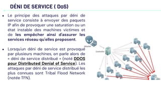 DÉNI DE SERVICE ( DoS)
● Le principe des attaques par déni de
service consiste à envoyer des paquets
IP afin de provoquer une saturation ou un
état instable des machines victimes et
de les empêcher ainsi d'assurer les
services réseau qu'elles proposent.
● Lorsqu'un déni de service est provoqué
par plusieurs machines, on parle alors de
« déni de service distribué » (noté DDOS
pour Distributed Denial of Service). Les
attaques par déni de service distribué les
plus connues sont Tribal Flood Network
(notée TFN).
 