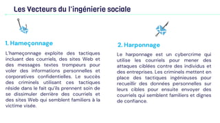 Les Vecteurs du l’ingénierie sociale
L’hameçonnage exploite des tactiques
incluant des courriels, des sites Web et
des messages textes trompeurs pour
voler des informations personnelles et
corporatives confidentielles. Le succès
des criminels utilisant ces tactiques
réside dans le fait qu’ils prennent soin de
se dissimuler derrière des courriels et
des sites Web qui semblent familiers à la
victime visée.
1. Hameçonnage
Le harponnage est un cybercrime qui
utilise les courriels pour mener des
attaques ciblées contre des individus et
des entreprises. Les criminels mettent en
place des tactiques ingénieuses pour
recueillir des données personnelles sur
leurs cibles pour ensuite envoyer des
courriels qui semblent familiers et dignes
de confiance.
2. Harponnage
 