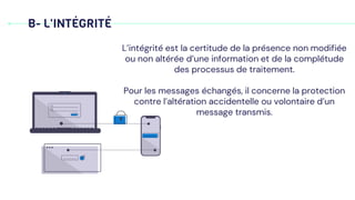 B- L'INTÉGRITÉ
L’intégrité est la certitude de la présence non modifiée
ou non altérée d’une information et de la complétude
des processus de traitement.
Pour les messages échangés, il concerne la protection
contre l’altération accidentelle ou volontaire d’un
message transmis.
 