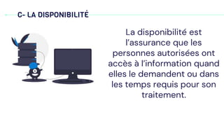 C- LA DISPONIBILITÉ
La disponibilité est
l’assurance que les
personnes autorisées ont
accès à l’information quand
elles le demandent ou dans
les temps requis pour son
traitement.
 