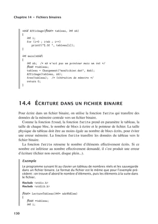 Chapitre 14 • Fichiers binaires
void Affichage(ﬂoat* tableau, int nb)
{
int i;
for (i=0 ; inb ; i++)
printf(%.3f , tableau[i]);
}
int main(void)
{
int nb; /* nb n’est pas un pointeur mais un int */
ﬂoat *tableau;
tableau = Chargement(monfichier.dat, nb);
Affichage(tableau, nb);
free(tableau); /* libération de mémoire */
return 0;
}
14.4 ÉCRITURE DANS UN FICHIER BINAIRE
Pour écrire dans un fichier binaire, on utilise la fonction fwrite qui transfère des
données de la mémoire centrale vers un fichier binaire.
Comme la fonction fread, la fonction fwrite prend en paramètre le tableau, la
taille de chaque bloc, le nombre de blocs à écrire et le pointeur de fichier. La taille
physique du tableau doit être au moins égale au nombre de blocs écrits, pour éviter
une erreur mémoire. La fonction fwrite transfère les données du tableau vers le
fichier binaire.
La fonction fwrite retourne le nombre d’éléments eﬀectivement écrits. Si ce
nombre est inférieur au nombre eﬀectivement demandé, il s’est produit une erreur
d’écriture (fichier non ouvert, disque plein...).
Exemple
Le programme suivant lit au clavier un tableau de nombres réels et les sauvegarde
dans un ﬁchier binaire. Le format du ﬁchier est le même que pour l’exemple pré-
cédent : on trouve d’abord le nombre d’éléments, puis les éléments à la suite dans
le ﬁchier.
#include stdio.h
#include stdlib.h
ﬂoat* LectureTableau(int* adrNbElem)
{
ﬂoat *tableau;
int i;
130
 
