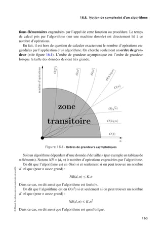 16.8. Notion de complexité d’un algorithme
tions élémentaires engendrées par l’appel de cette fonction ou procédure. Le temps
de calcul pris par l’algorithme (sur une machine donnée) est directement lié à ce
nombre d’opérations.
En fait, il est hors de question de calculer exactement le nombre d’opérations en-
gendrées par l’application d’un algorithme. On cherche seulement un ordre de gran-
deur (voir figure 16.1). L’ordre de grandeur asymptotique est l’ordre de grandeur
lorsque la taille des données devient très grande.
O(log n)
O(
√
n)
O(n)
O
(
n
3
)
O
(2
n
)
O
(
n
2
)
O
(
n
l
o
g
n
)
n
zone
transitoire
nombre
d’opérations
O(1)
Figure 16.1– Ordres de grandeurs asymptotiques
Soit un algorithme dépendant d’une donnée d de taille n (par exemple un tableau de
n éléments). Notons NB = (d, n) le nombre d’opérations engendrées par l’algorithme.
On dit que l’algorithme est en O(n) si et seulement si on peut trouver un nombre
K tel que (pour n assez grand) :
NB(d, n) ≤ K.n
Dans ce cas, on dit aussi que l’algorithme est linéaire.
On dit que l’algorithme est en O(n2) si et seulement si on peut trouver un nombre
K tel que (pour n assez grand) :
NB(d, n) ≤ K.n2
Dans ce cas, on dit aussi que l’algorithme est quadratique.
©
Dunod.
La
photocopie
non
autorisée
est
un
délit.
163
 