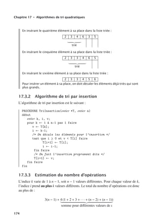 Chapitre 17 • Algorithmes de tri quadratiques
En insérant le quatrième élément à sa place dans la liste triée :
2 3 4 6 3 5

trié
En insérant le cinquième élément à sa place dans la liste triée :
2 3 3 4 6 5

trié
En insérant le sixième élément à sa place dans la liste triée :
2 3 3 4 5 6
Pour insérer un élément à sa place, on doit décaler les éléments déjà triés qui sont
plus grands.
17.3.2 Algorithme de tri par insertion
L’algorithme de tri par insertion est le suivant :
PROCEDURE TriInsertion(entier *T, entier n)
début
entier k, i, v;
pour k ← 1 à n-1 pas 1 faire
v ← T[k];
i ← k-1;
/* On décale les éléments pour l’insertion */
tant que i ≥ 0 et v  T[i] faire
T[i+1] ← T[i];
i ← i-1;
fin faire
/* On fait l’insertion proprement dite */
T[i+1] ← v;
fin faire
fin
17.3.3 Estimation du nombre d’opérations
L’indice k varie de 1 à n − 1, soit n − 1 valeurs diﬀérentes. Pour chaque valeur de k,
l’indice i prend au plus k valeurs diﬀérents. Le total du nombre d’opérations est donc
au plus de :
3(n − 1) + 4 (1 + 2 + 3 + · · · + (n − 2) + (n − 1))

somme pour diﬀérentes valeurs de k
174
 