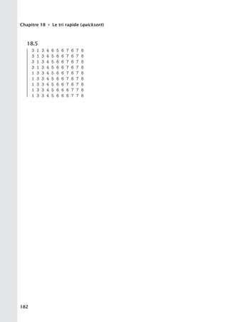 Chapitre 18 • Le tri rapide (quicksort)
18.5
3 1 3 4 6 5 6 7 6 7 8
3 1 3 4 5 6 6 7 6 7 8
3 1 3 4 5 6 6 7 6 7 8
3 1 3 4 5 6 6 7 6 7 8
1 3 3 4 5 6 6 7 6 7 8
1 3 3 4 5 6 6 7 6 7 8
1 3 3 4 5 6 6 7 6 7 8
1 3 3 4 5 6 6 6 7 7 8
1 3 3 4 5 6 6 6 7 7 8
182
 
