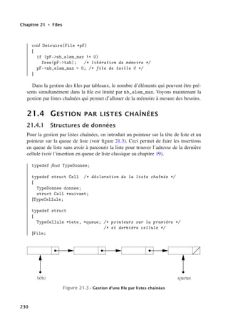 Chapitre 21 • Files
void Detruire(File *pF)
{
if (pF-nb_elem_max != 0)
free(pF-tab); /* libération de mémoire */
pF-nb_elem_max = 0; /* file de taille 0 */
}
Dans la gestion des files par tableaux, le nombre d’éléments qui peuvent être pré-
sents simultanément dans la file est limité par nb_elem_max. Voyons maintenant la
gestion par listes chaînées qui permet d’allouer de la mémoire à mesure des besoins.
21.4 GESTION PAR LISTES CHAÎNÉES
21.4.1 Structures de données
Pour la gestion par listes chaînées, on introduit un pointeur sur la tête de liste et un
pointeur sur la queue de liste (voir figure 21.3). Ceci permet de faire les insertions
en queue de liste sans avoir à parcourir la liste pour trouver l’adresse de la dernière
cellule (voir l’insertion en queue de liste classique au chapitre 19).
typedef float TypeDonnee;
typedef struct Cell /* déclaration de la liste chaînée */
{
TypeDonnee donnee;
struct Cell *suivant;
}TypeCellule;
typedef struct
{
TypeCellule *tete, *queue; /* pointeurs sur la première */
/* et dernière cellule */
}File;
tête queue
Figure 21.3– Gestion d’une file par listes chaînées
230
 