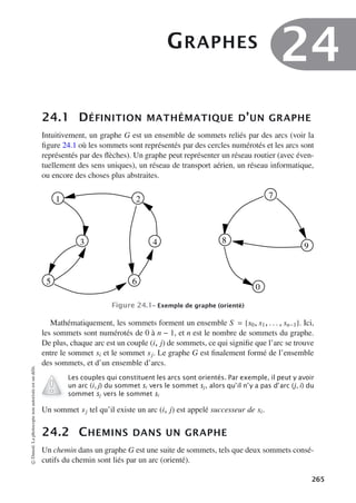 GRAPHES
24
24.1 DÉFINITION MATHÉMATIQUE D’UN GRAPHE
Intuitivement, un graphe G est un ensemble de sommets reliés par des arcs (voir la
figure 24.1 où les sommets sont représentés par des cercles numérotés et les arcs sont
représentés par des flèches). Un graphe peut représenter un réseau routier (avec éven-
tuellement des sens uniques), un réseau de transport aérien, un réseau informatique,
ou encore des choses plus abstraites.
1 2
3 4
5 6
7
8
9
0
Figure 24.1– Exemple de graphe (orienté)
Mathématiquement, les sommets forment un ensemble S = {s0, s1, . . . , sn−1}. Ici,
les sommets sont numérotés de 0 à n − 1, et n est le nombre de sommets du graphe.
De plus, chaque arc est un couple (i, j) de sommets, ce qui signifie que l’arc se trouve
entre le sommet si et le sommet sj. Le graphe G est finalement formé de l’ensemble
des sommets, et d’un ensemble d’arcs.
Les couples qui constituent les arcs sont orientés. Par exemple, il peut y avoir
un arc (i, j) du sommet si vers le sommet sj, alors qu’il n’y a pas d’arc (j, i) du
sommet sj vers le sommet si
Un sommet sj tel qu’il existe un arc (i, j) est appelé successeur de si.
24.2 CHEMINS DANS UN GRAPHE
Un chemin dans un graphe G est une suite de sommets, tels que deux sommets consé-
cutifs du chemin sont liés par un arc (orienté).
©
Dunod.
La
photocopie
non
autorisée
est
un
délit.
265
 