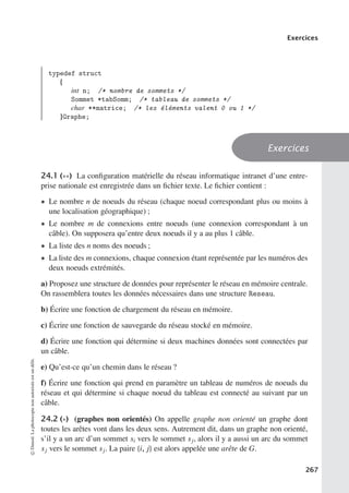 Exercices
typedef struct
{
int n; /* nombre de sommets */
Sommet *tabSomm; /* tableau de sommets */
char **matrice; /* les éléments valent 0 ou 1 */
}Graphe;
Exercices
24.1 (∗∗) La configuration matérielle du réseau informatique intranet d’une entre-
prise nationale est enregistrée dans un fichier texte. Le fichier contient :
• Le nombre n de noeuds du réseau (chaque noeud correspondant plus ou moins à
une localisation géographique) ;
• Le nombre m de connexions entre noeuds (une connexion correspondant à un
câble). On supposera qu’entre deux noeuds il y a au plus 1 câble.
• La liste des n noms des noeuds ;
• La liste des m connexions, chaque connexion étant représentée par les numéros des
deux noeuds extrémités.
a) Proposez une structure de données pour représenter le réseau en mémoire centrale.
On rassemblera toutes les données nécessaires dans une structure Reseau.
b) Écrire une fonction de chargement du réseau en mémoire.
c) Écrire une fonction de sauvegarde du réseau stocké en mémoire.
d) Écrire une fonction qui détermine si deux machines données sont connectées par
un câble.
e) Qu’est-ce qu’un chemin dans le réseau ?
f) Écrire une fonction qui prend en paramètre un tableau de numéros de noeuds du
réseau et qui détermine si chaque noeud du tableau est connecté au suivant par un
câble.
24.2 (∗) (graphes non orientés) On appelle graphe non orienté un graphe dont
toutes les arêtes vont dans les deux sens. Autrement dit, dans un graphe non orienté,
s’il y a un arc d’un sommet si vers le sommet sj, alors il y a aussi un arc du sommet
sj vers le sommet sj. La paire {i, j} est alors appelée une arête de G.
©
Dunod.
La
photocopie
non
autorisée
est
un
délit.
267
 