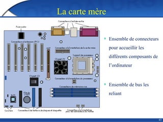 43
La carte mère
 Ensemble de connecteurs
pour accueillir les
différents composants de
l’ordinateur
 Ensemble de bus les
reliant
 