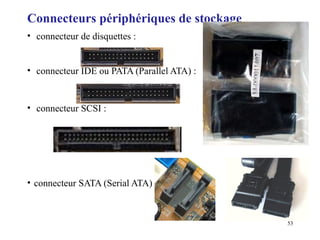 53
Connecteurs périphériques de stockage
• connecteur de disquettes :
• connecteur IDE ou PATA (Parallel ATA) :
• connecteur SCSI :
• connecteur SATA (Serial ATA) :
 