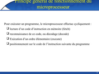 71
Pour exécuter un programme, le microprocesseur effectue cycliquement :
 lecture d’un code d’instruction en mémoire (fetch)
 reconnaissance de ce code, ou décodage (decode)
 Exécution d’un ordre élémentaire (execute)
 positionnement sur le code de l’instruction suivante du programme
Principe général de fonctionnement du
microprocesseur
 