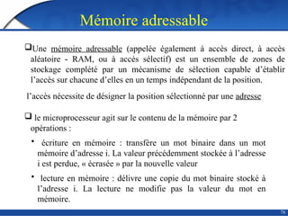 Mémoire adressable
76
Une mémoire adressable (appelée également à accès direct, à accès
aléatoire - RAM, ou à accès sélectif) est un ensemble de zones de
stockage complété par un mécanisme de sélection capable d’établir
l’accès sur chacune d’elles en un temps indépendant de la position.
l’accès nécessite de désigner la position sélectionné par une adresse
 le microprocesseur agit sur le contenu de la mémoire par 2
opérations :
• écriture en mémoire : transfère un mot binaire dans un mot
mémoire d’adresse i. La valeur précédemment stockée à l’adresse
i est perdue, « écrasée » par la nouvelle valeur
• lecture en mémoire : délivre une copie du mot binaire stocké à
l’adresse i. La lecture ne modifie pas la valeur du mot en
mémoire.
 