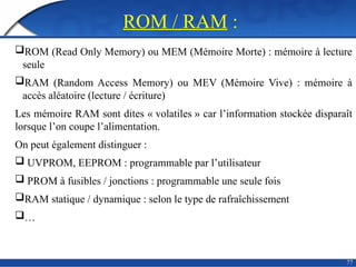 ROM / RAM :
77
ROM (Read Only Memory) ou MEM (Mémoire Morte) : mémoire à lecture
seule
RAM (Random Access Memory) ou MEV (Mémoire Vive) : mémoire à
accès aléatoire (lecture / écriture)
Les mémoire RAM sont dites « volatiles » car l’information stockée disparaît
lorsque l’on coupe l’alimentation.
On peut également distinguer :
 UVPROM, EEPROM : programmable par l’utilisateur
 PROM à fusibles / jonctions : programmable une seule fois
RAM statique / dynamique : selon le type de rafraîchissement
…
 