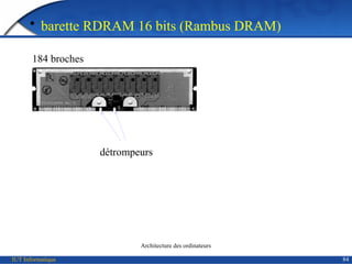 IUT Informatique
Architecture des ordinateurs
84
• barette RDRAM 16 bits (Rambus DRAM)
184 broches
détrompeurs
 