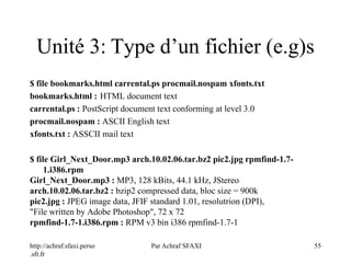 http://achraf.sfaxi.perso
.sfr.fr
Par Achraf SFAXI 55
Unité 3: Type d’un fichier (e.g)s
$ file bookmarks.html carrental.ps procmail.nospam xfonts.txt
bookmarks.html : HTML document text
carrental.ps : PostScript document text conforming at level 3.0
procmail.nospam : ASCII English text
xfonts.txt : ASSCII mail text
$ file Girl_Next_Door.mp3 arch.10.02.06.tar.bz2 pic2.jpg rpmfind-1.7-
1.i386.rpm
Girl_Next_Door.mp3 : MP3, 128 kBits, 44.1 kHz, JStereo
arch.10.02.06.tar.bz2 : bzip2 compressed data, bloc size = 900k
pic2.jpg : JPEG image data, JFIF standard 1.01, resolutrion (DPI),
"File written by Adobe Photoshop", 72 x 72
rpmfind-1.7-1.i386.rpm : RPM v3 bin i386 rpmfind-1.7-1
 