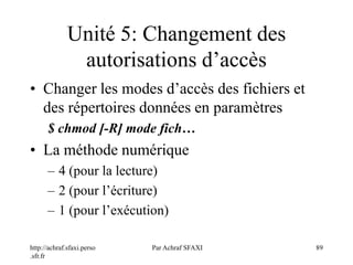 http://achraf.sfaxi.perso
.sfr.fr
Par Achraf SFAXI 89
Unité 5: Changement des
autorisations d’accès
• Changer les modes d’accès des fichiers et
des répertoires données en paramètres
$ chmod [-R] mode fich…
• La méthode numérique
– 4 (pour la lecture)
– 2 (pour l’écriture)
– 1 (pour l’exécution)
 