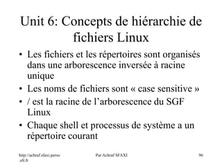 http://achraf.sfaxi.perso
.sfr.fr
Par Achraf SFAXI 96
Unit 6: Concepts de hiérarchie de
fichiers Linux
• Les fichiers et les répertoires sont organisés
dans une arborescence inversée à racine
unique
• Les noms de fichiers sont « case sensitive »
• / est la racine de l’arborescence du SGF
Linux
• Chaque shell et processus de système a un
répertoire courant
 
