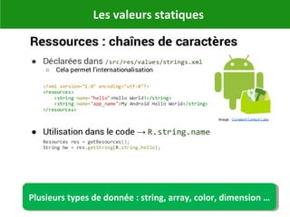 Les valeurs statiques
Plusieurs types de donnée : string, array, color, dimension …Plusieurs types de donnée : string, array, color, dimension …
 