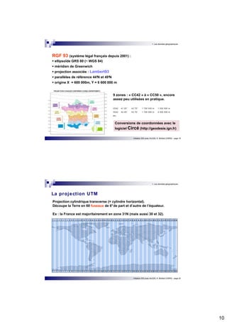 10 
1. Les données géographiques 
Initiation SIG avec ArcGIS, H. Bohbot (CNRS) - page 19 
RGF 93 (système légal français depuis 2001) :  ellipsoïde GRS 80 (~ WGS 84) 
 méridien de Greenwich 
 projection associée : Lambert93 
 parallèles de référence 44°N et 49°N 
 origine X = 600 000m, Y = 6 600 000 m 
9 zones : « CC42 » à « CC50 », encore 
assez peu utilisées en pratique. 
CC42 41.25° 42.75° 1 700 000 m 1 200 000 m 
CC43 42.25° 43.75° 1 700 000 m 2 200 000 m 
etc. 
Conversions de coordonnées avec le 
logiciel Circé (http://geodesie.ign.fr) 
1. Les données géographiques 
La project ion UTM 
Projection cylindrique transverse (= cylindre horizontal). 
Découpe la Terre en 60 fuseaux de 6°de part et d’autre de l’équateur. 
Ex : la France est majoritairement en zone 31N (mais aussi 30 et 32). 
Initiation SIG avec ArcGIS, H. Bohbot (CNRS) - page 20 
 
