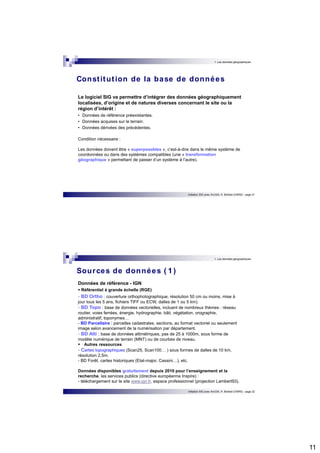 11 
1. Les données géographiques 
Const itut ion de la base de données 
Le logiciel SIG va permettre d’intégrer des données géographiquement 
localisées, d’origine et de natures diverses concernant le site ou la 
région d’intérêt : 
• Données de référence préexistantes. 
• Données acquises sur le terrain. 
• Données dérivées des précédentes. 
Initiation SIG avec ArcGIS, H. Bohbot (CNRS) - page 21 
Condition nécessaire : 
Les données doivent être « superposables », c’est-à-dire dans le même système de 
coordonnées ou dans des systèmes compatibles (une « transformation 
géographique » permettant de passer d’un système à l’autre). 
1. Les données géographiques 
Sources de données ( 1 ) 
Données de référence - IGN 
 Référentiel à grande échelle (RGE) 
- BD Ortho : couverture orthophotographique, résolution 50 cm ou moins, mise à 
jour tous les 5 ans, fichiers TIFF ou ECW, dalles de 1 ou 5 km). 
- BD Topo : base de données vectorielles, incluant de nombreux thèmes : réseau 
routier, voies ferrées, énergie, hydrographie, bâti, végétation, orographie, 
administratif, toponymes… 
- BD Parcellaire : parcelles cadastrales, sections, au format vectoriel ou seulement 
image selon avancement de la numérisation par département. 
- BD Alti : base de données altimétriques, pas de 25 à 1000m, sous forme de 
modèle numérique de terrain (MNT) ou de courbes de niveau.  Autres ressources 
- Cartes topographiques (Scan25, Scan100… ) sous formes de dalles de 10 km, 
résolution 2,5m. 
- BD Forêt, cartes historiques (Etat-major, Cassini…), etc. 
Données disponibles gratuitement depuis 2010 pour l’enseignement et la 
recherche, les services publics (directive européenne Inspire) : 
- téléchargement sur le site www.ign.fr, espace professionnel (projection Lambert93). 
Initiation SIG avec ArcGIS, H. Bohbot (CNRS) - page 22 
 