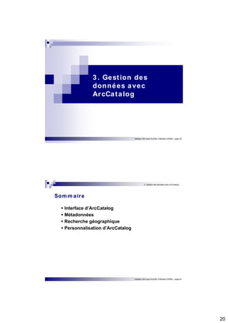 20 
3 . Gest ion des 
données avec 
ArcCatalog 
Initiation SIG avec ArcGIS, H.Bohbot (CNRS) - page 39 
3. Gestion des données avec ArcCatalog 
Initiation SIG avec ArcGIS, H.Bohbot (CNRS) - page 40 
Sommaire 
 Interface d’ArcCatalog  Métadonnées  Recherche géographique  Personnalisation d’ArcCatalog 
 