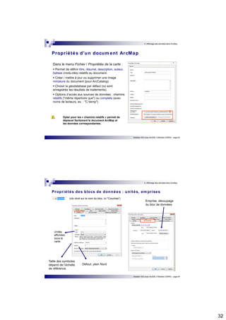 32 
4. Affichage des données dans ArcMap 
Propr iétés d’un document ArcMap 
Initiation SIG avec ArcGIS, H.Bohbot (CNRS) - page 63 
Dans le menu Fichier / Propriétés de la carte : 
 Permet de définir titre, résumé, description, auteur, 
balises (mots-clés) relatifs au document. 
 Créer / mettre à jour ou supprimer une image 
miniature du document (pour ArcCatalog). 
 Choisir la géodatabase par défaut (où sont 
enregistrés les résultats de traitements). 
 Options d’accès aux sources de données : chemins 
relatifs ("même répertoire que") ou complets (avec 
noms de lecteurs, ex. : "C:temp") 
Opter pour les « chemins relatifs » permet de 
déplacer facilement le document ArcMap et 
les données correspondantes. 
4. Affichage des données dans ArcMap 
Propr iétés des blocs de données : unités, empr ises 
Emprise, découpage 
du bloc de données 
Initiation SIG avec ArcGIS, H.Bohbot (CNRS) - page 64 
Taille des symboles 
dépend de l’échelle 
de référence. 
Défaut, plein Nord 
Unités 
affichées 
sous la 
carte. 
(clic droit sur le nom du bloc, ici "Couches") 
 