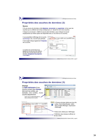 34 
4. Affichage des données dans ArcMap 
Propr iétés des couches de données ( 2 ) 
Source 
 Si une source de données a été déplacée, renommée ou supprimée, le lien avec les 
couches qui s’y réfèrent est rompu (indiqué par un ! devant le nom de la couche). 
 Cliquer sur le bouton « Définir la source des données » pour indiquer le nouvel 
emplacement (la même option est disponible avec un clic droit sur la couche). 
 Les propriétés d’affichage de la couche 
(symbologie, etc.) ne sont pas perdues. 
 Cet onglet indique également l’emprise 
de la couche. 
Initiation SIG avec ArcGIS, H.Bohbot (CNRS) - page 67 
Le système de coordonnées de la 
source de données peut être différent 
de celui de la couche dans le bloc de 
données: changement de projection 
« à la volée » 
4. Affichage des données dans ArcMap 
Propr iétés des couches de données ( 3 ) 
Champs 
La table attributaire d’une 
couche contient des champs 
décrivant les entités, par 
exemple : nom, numéro... d’une 
couche Département. 
 Alias (nom utilisé pour l’affichage). 
 Définition des champs à afficher et 
de leur ordre. 
Initiation SIG avec ArcGIS, H.Bohbot (CNRS) - page 68 
Option Ouvrir la table attributaire du 
menu contextuel de la couche. 
 Champ principal utilisé pour les info-bulles, 
l'outil d'identification défini 
dans l'onglet Affichage / Expression 
d'affichage. 
 
