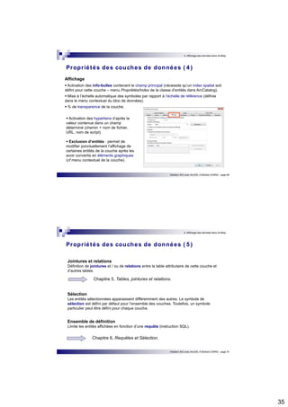 35 
4. Affichage des données dans ArcMap 
Propr iétés des couches de données ( 4 ) 
Affichage 
 Activation des info-bulles contenant le champ principal (nécessite qu’un index spatial soit 
défini pour cette couche – menu Propriétés/Index de la classe d’entités dans ArcCatalog). 
 Mise à l’échelle automatique des symboles par rapport à l’échelle de référence (définie 
dans le menu contextuel du bloc de données). 
 % de transparence de la couche. 
 Activation des hyperliens d’après la 
valeur contenue dans un champ 
déterminé (chemin + nom de fichier, 
URL, nom de script). 
 Exclusion d’entités : permet de 
modifier ponctuellement l’affichage de 
certaines entités de la couche après les 
avoir convertis en éléments graphiques 
(cf menu contextuel de la couche). 
Initiation SIG avec ArcGIS, H.Bohbot (CNRS) - page 69 
4. Affichage des données dans ArcMap 
Propr iétés des couches de données ( 5 ) 
Jointures et relations 
Définition de jointures et / ou de relations entre la table attributaire de cette couche et 
d’autres tables. 
Chapitre 5, Tables, jointures et relations. 
Sélection 
Les entités sélectionnées apparaissent différemment des autres. Le symbole de 
sélection est défini par défaut pour l’ensemble des couches. Toutefois, un symbole 
particulier peut être défini pour chaque couche. 
Ensemble de définition 
Limite les entités affichées en fonction d’une requête (instruction SQL). 
Initiation SIG avec ArcGIS, H.Bohbot (CNRS) - page 70 
Chapitre 6, Requêtes et Sélection. 
 
