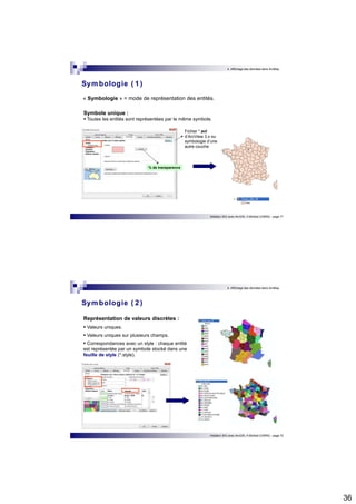 36 
4. Affichage des données dans ArcMap 
Initiation SIG avec ArcGIS, H.Bohbot (CNRS) - page 71 
Symbologie ( 1 ) 
« Symbologie » = mode de représentation des entités. 
Symbole unique :  Toutes les entités sont représentées par le même symbole. 
% de transparence 
Fichier *.avl 
d’ArcView 3.x ou 
symbologie d’une 
autre couche 
4. Affichage des données dans ArcMap 
Initiation SIG avec ArcGIS, H.Bohbot (CNRS) - page 72 
Symbologie ( 2 ) 
Représentation de valeurs discrètes : 
 Valeurs uniques. 
 Valeurs uniques sur plusieurs champs. 
 Correspondances avec un style : chaque entité 
est représentée par un symbole stocké dans une 
feuille de style (*.style). 
 
