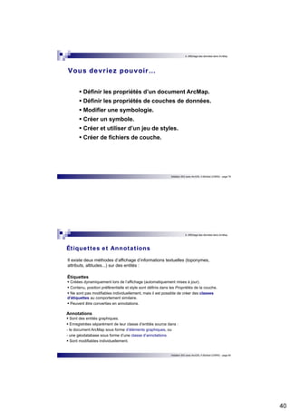 40 
4. Affichage des données dans ArcMap 
Vous devr iez pouvoir… 
 Définir les propriétés d’un document ArcMap. 
 Définir les propriétés de couches de données. 
 Modifier une symbologie. 
 Créer un symbole. 
 Créer et utiliser d’un jeu de styles. 
 Créer de fichiers de couche. 
Initiation SIG avec ArcGIS, H.Bohbot (CNRS) - page 79 
4. Affichage des données dans ArcMap 
Initiation SIG avec ArcGIS, H.Bohbot (CNRS) - page 80 
Ét iquet tes et Annotat ions 
Il existe deux méthodes d’affichage d’informations textuelles (toponymes, 
attributs, altitudes...) sur des entités : 
Étiquettes  Créées dynamiquement lors de l’affichage (automatiquement mises à jour).  Contenu, position préférentielle et style sont définis dans les Propriétés de la couche.  Ne sont pas modifiables individuellement, mais il est possible de créer des classes 
d’étiquettes au comportement similaire.  Peuvent être converties en annotations. 
Annotations  Sont des entités graphiques.  Enregistrées séparément de leur classe d’entités source dans : 
- le document ArcMap sous forme d’éléments graphiques, ou 
- une géodatabase sous forme d’une classe d’annotations.  Sont modifiables individuellement. 
 