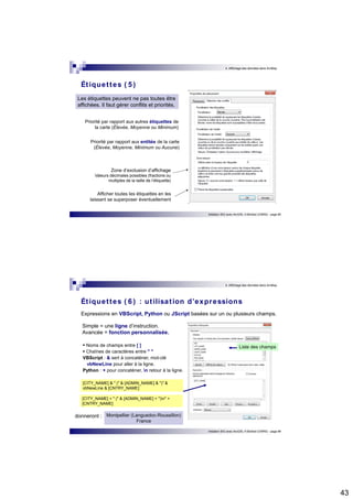 43 
4. Affichage des données dans ArcMap 
Initiation SIG avec ArcGIS, H.Bohbot (CNRS) - page 85 
Ét iquet tes ( 5 ) 
Les étiquettes peuvent ne pas toutes être 
affichées. Il faut gérer conflits et priorités. 
Priorité par rapport aux autres étiquettes de 
la carte (Élevée, Moyenne ou Minimum) 
Priorité par rapport aux entités de la carte 
(Élevée, Moyenne, Minimum ou Aucune) 
Zone d’exclusion d’affichage 
Valeurs décimales possibles (fractions ou 
multiples de la taille de l’étiquette) 
Afficher toutes les étiquettes en les 
laissant se superposer éventuellement 
4. Affichage des données dans ArcMap 
Ét iquet tes ( 6 ) : ut ilisat ion d’expressions 
Expressions en VBScript, Python ou JScript basées sur un ou plusieurs champs. 
Liste des champs 
Initiation SIG avec ArcGIS, H.Bohbot (CNRS) - page 86 
Simple = une ligne d’instruction. 
Avancée = fonction personnalisée. 
 Noms de champs entre [ ]  Chaînes de caractères entre " " 
VBScript : & sert à concaténer, mot-clé 
vbNewLine pour aller à la ligne. 
Python : + pour concaténer, n retour à la ligne. 
[CITY_NAME] & " (" & [ADMIN_NAME] & ")" & 
vbNewLine & [CNTRY_NAME] 
[CITY_NAME] + " (" & [ADMIN_NAME] + ")n" + 
[CNTRY_NAME] 
donneront : Montpellier (Languedoc-Roussillon) 
France 
 