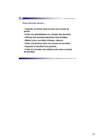57 
5. Gérer les tables attributaires 
Vous devr iez savoir… 
 Importer un fichier texte et créer une couche de 
points. 
 Créer une géodatabase et y charger des données. 
 Afficher des données tabulaires dans ArcMap. 
 Mettre à jour une table (champs, valeurs). 
 Créer une jointure entre une couche et une table. 
 Exporter le résultat d’une jointure. 
 Créer et consulter une relation entre deux couches 
de données. 
Initiation SIG avec ArcGIS, H.Bohbot (CNRS) - page 113 
 
