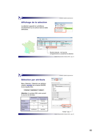 60 
6. Sélection, requêtes et géotraitements 
Initiation SIG avec ArcGIS, H.Bohbot (CNRS) - page 119 
Affichage de la sélect ion 
Boutons bascule : voir tous les 
enregistrements ou seulement la sélection 
La sélection apparaît en surbrillance 
simultanément sur la carte et dans la table 
attributaire. 
= désélectionner 
6. Sélection, requêtes et géotraitements 
Initiation SIG avec ArcGIS, H.Bohbot (CNRS) - page 120 
Sélect ion par at t r ibuts 
Menu Sélection / Sélection par attributs : 
création assistée de la clause WHERE 
d’une requête SQL : 
<champ> <opérateur> <valeur> 
Attention: la syntaxe SQL varie suivant 
la source de données : 
Fichier *.exp 
Géodatabase Fichier de formes 
Couverture 
Champ [CHAMP] ’’Champ’’ 
Un caractère ? _ (underscore) 
Une chaîne 
quelconque 
* % 
Casse indifférent sensible 
 
